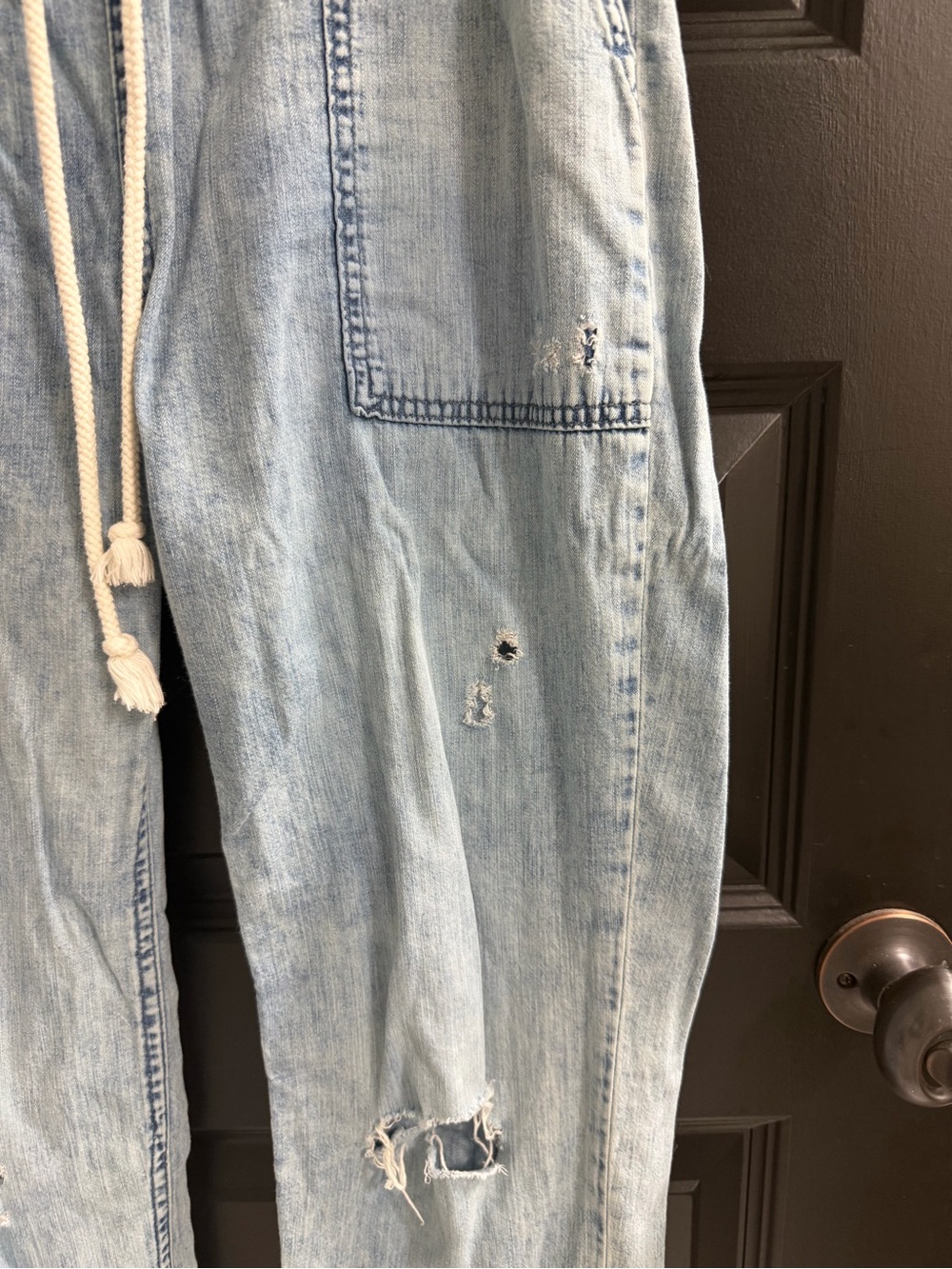 Aerie Lightweight Chambray Jogger Pants Distressed Drawstring Denim Blue Size S - Picture 4 of 7